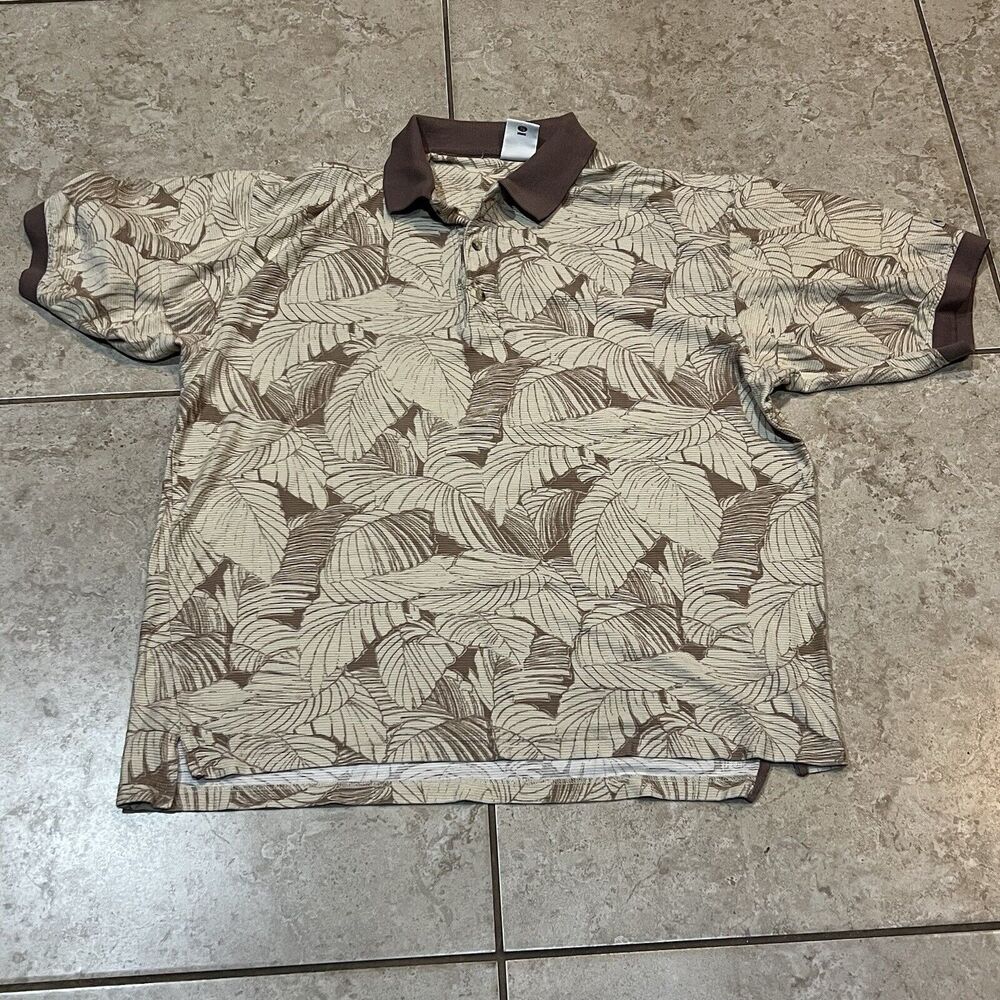 Columbia Men's XL‎ Tan Brown Leaf Pattern  Polo Shirt